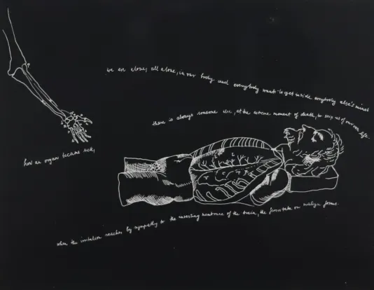 Black background with a diagram of a person from their head to their thighs lying sideways in white ink.