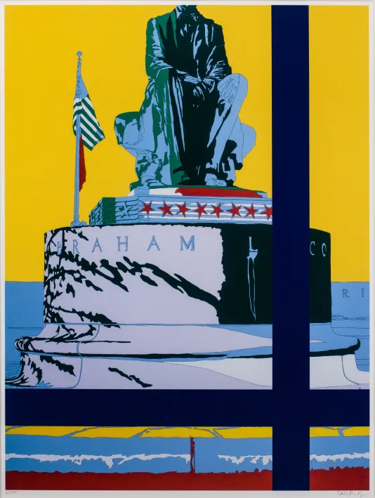 Graphic print of an Lincoln statue with is head cut off at the top, an American flag, stars and a bright yellow background.