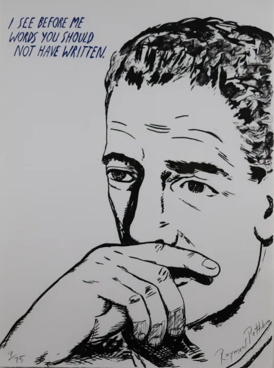 Print of a man's head in black and white with his hand over his mouth and wrinkles in his forehead. The text reads "I see before me words you should not have written."