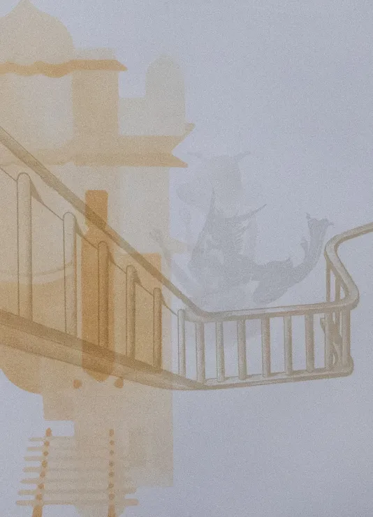 Print of a railing with an abstract building in the background.