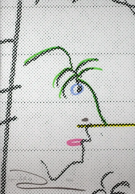 Dot drawing of an abstract profile of a persons face with green hair and pink lips.
