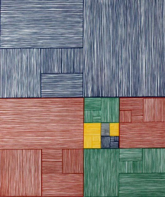 Geometric red, blue, green, and yellow print with straight lines that make up boxes within boxes.