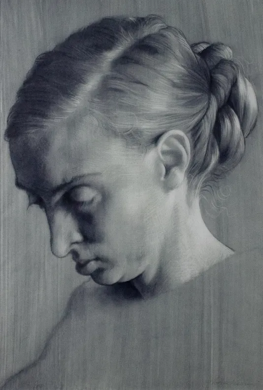 Sketch of a woman from the neck up with a braided bun, her eyes closed and her chin in her chest.
