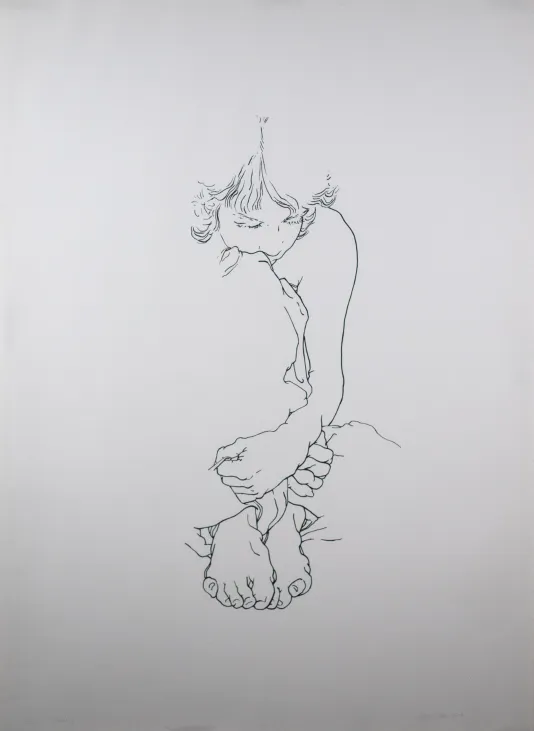 Simple line drawing of a person with their knees in their chest and a blanket over their kneed, clutching the blanket with their left hand.