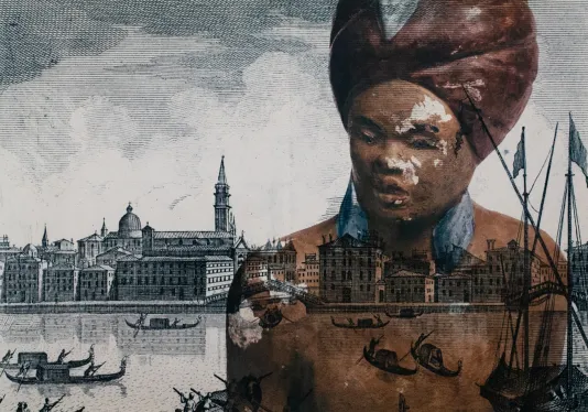 Print of Venice canals in the background with a black woman wearing a red turban in the foreground taking up half of the canvas.