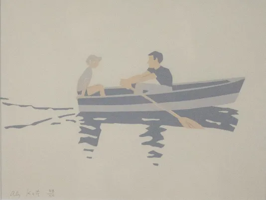 Print of a couple on a rowboat, the man rows and the woman watches him.