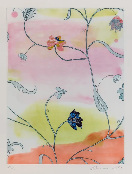 Pastel colored background with thin veins and flowers drawn throughout.