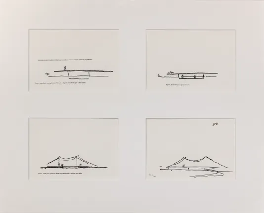 Four frames with minimal line drawings hat resemble a bridge at different stages of building.