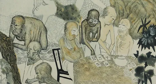 Print of four people without shirts sit around a table with a tea pot and cards.