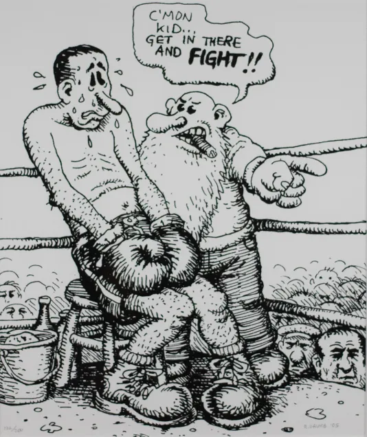 Cartoon of a man sitting in the corner of a boxing ring looking nervous and sweating with an older man standing next to him with a speech bubble that reads "C'mon kid...get in there and fight!!"
