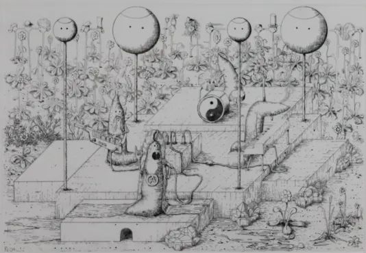 Black and white print of a platform with creatures on top of it .Featuring long poles with faces on top and a yin/yang circle in the center.