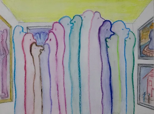 A group of faces with elongated necks that extend to the floor looking at art on both sides of the room they are in.