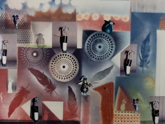 Collage of shapes including flower vases, feathers, and birds.