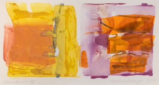 Yellow print of an abnormal rectangle next to a pink on with three orange stripes in the middle.