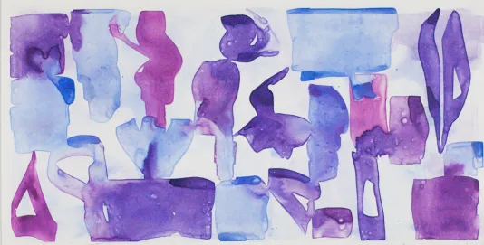 Purple, pink, and blue watercolor abstract shapes with some white space in between them.