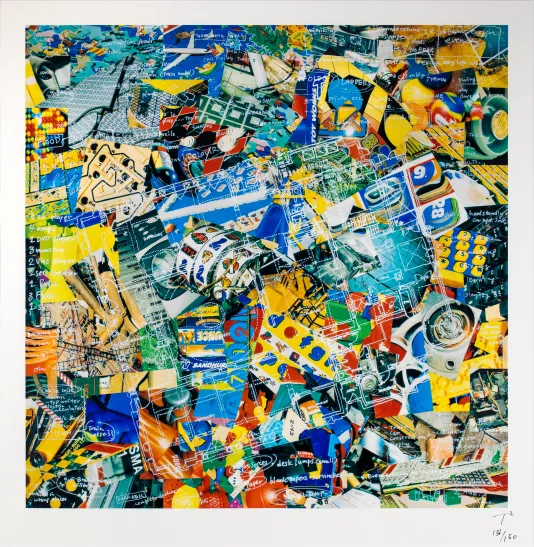 Busy print with a lot of shapes and colors that resembles a complicated puzzle.