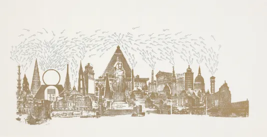 Print of a buildings lined up next to one another, all with unique architecture. Featuring a statue of a person and pyramid in the center.