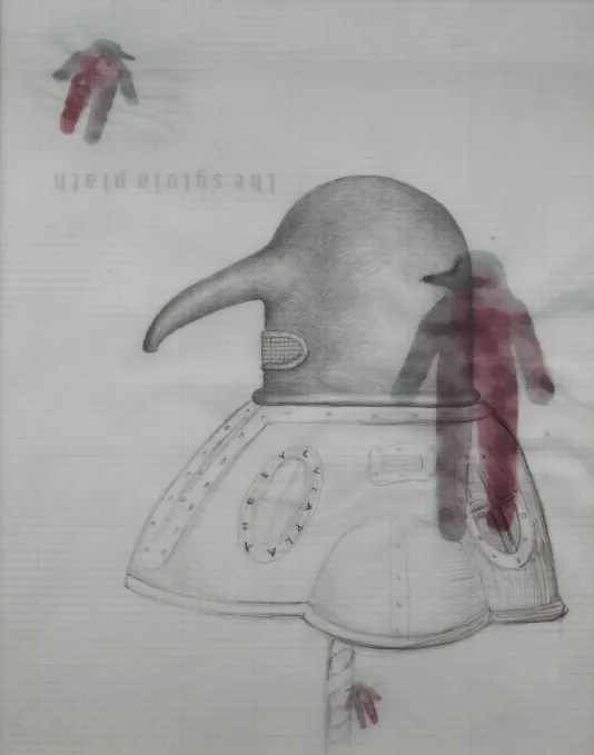 Print of a head with a bird mask on and three small, faint figured spread out on the canvas.