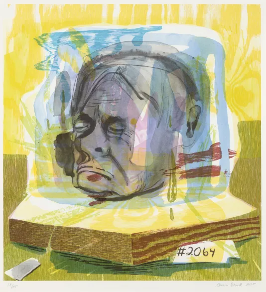 Print with a yellow background of a man's head inside a glass box with a wooden base. The number #2064 is written on a small white tag.