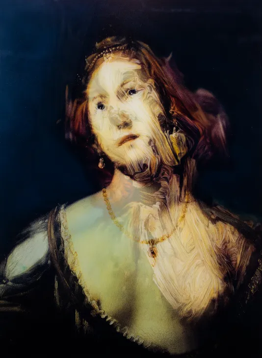 Historical looking portrait that looks defaced with smudged paint going from the women's face to her left breast.