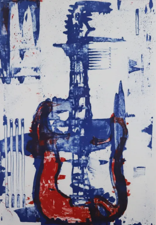 Blue and red print of a guitar with blotches of ink spread around the edges.