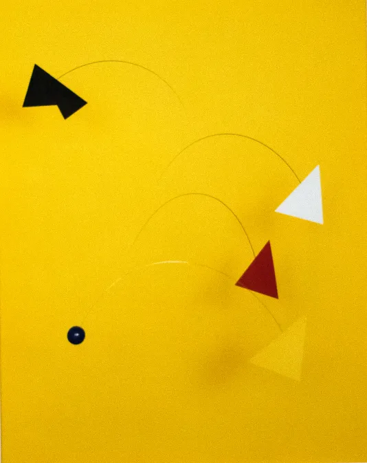 Yellow background with white, red, and black triangular shapes.