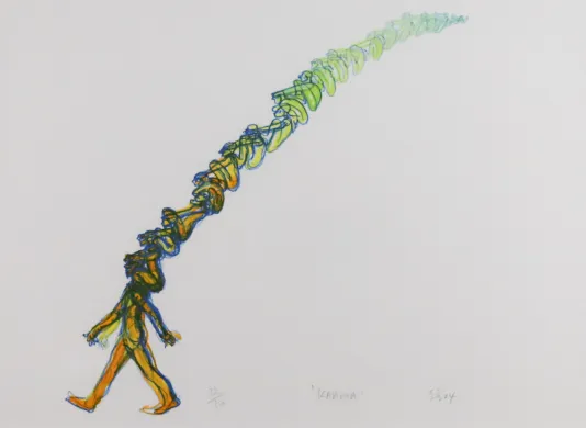 Colorful sketch of a figure walking towards the left edge of the page with their head duplicated a bunch of times fading into the distance towards the upper right corner of the page.