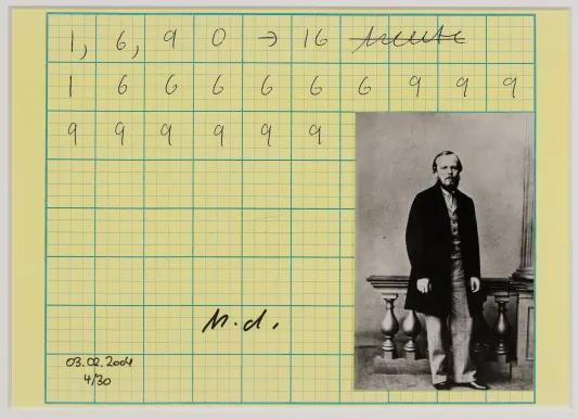Yellow grid graph paper with numbers in the first three rows and a blackened white photograph of a man wearing a top coat posing near a balcony.
