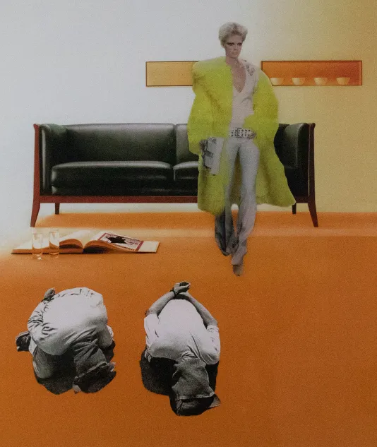 Photo collage featuring a woman with a yellow fur coat and a leather chair couch walking towards to people with bags over their heads crouched on the floor.