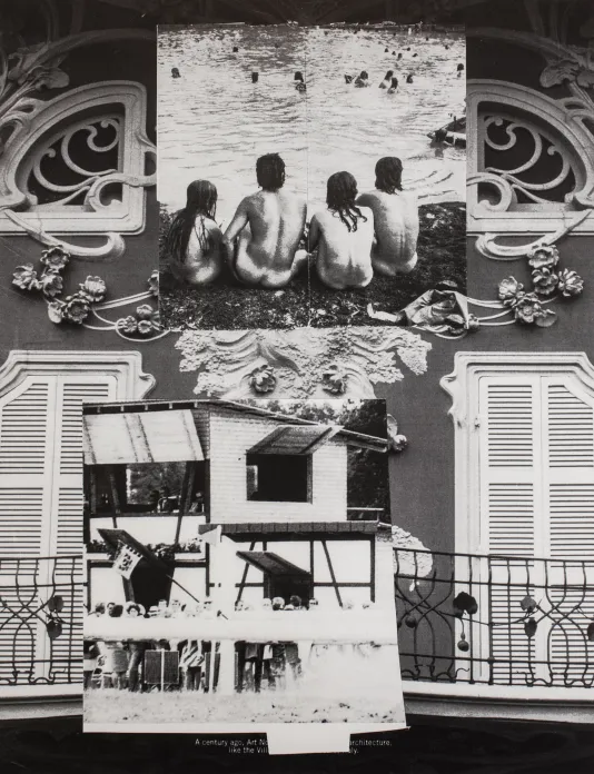 Photo collage nude people sitting with their backs to the camera on the shore of a lake on top of an image of a building.
