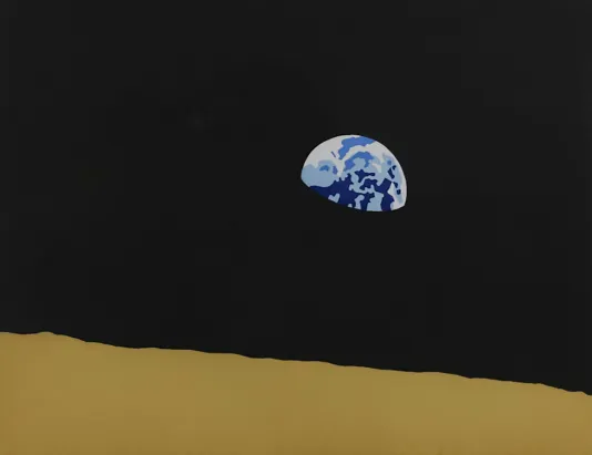 Print of half a plant in different shaded of blue with a black background and gold foreground.