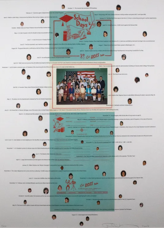 Poster with a titled that reads "School Days" and has lines of text running down with portraits of people cut out into circles and glued on and a class picture in the center.