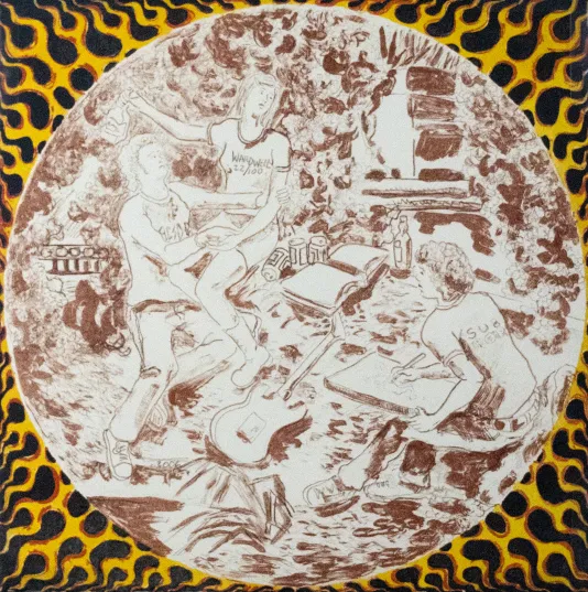 Circular print of three people in a messy room with guitar on the ground and a background of yellow and black flames.