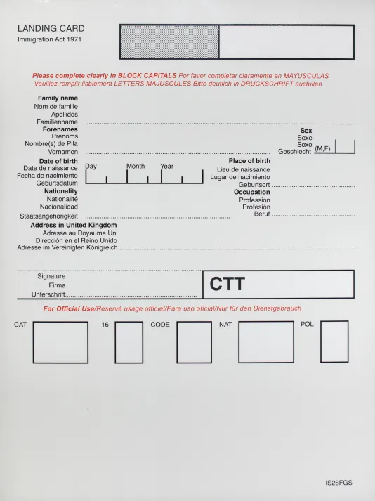 A landing card from the 1971 immigration act with black text and some accents of red text.