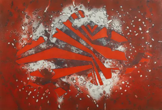 Abstract red print with broken shapes in the center and small white specs exploding out from the center.