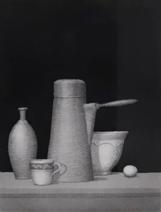 Print of a vase, mug, mixing bowl, and egg on a counter.