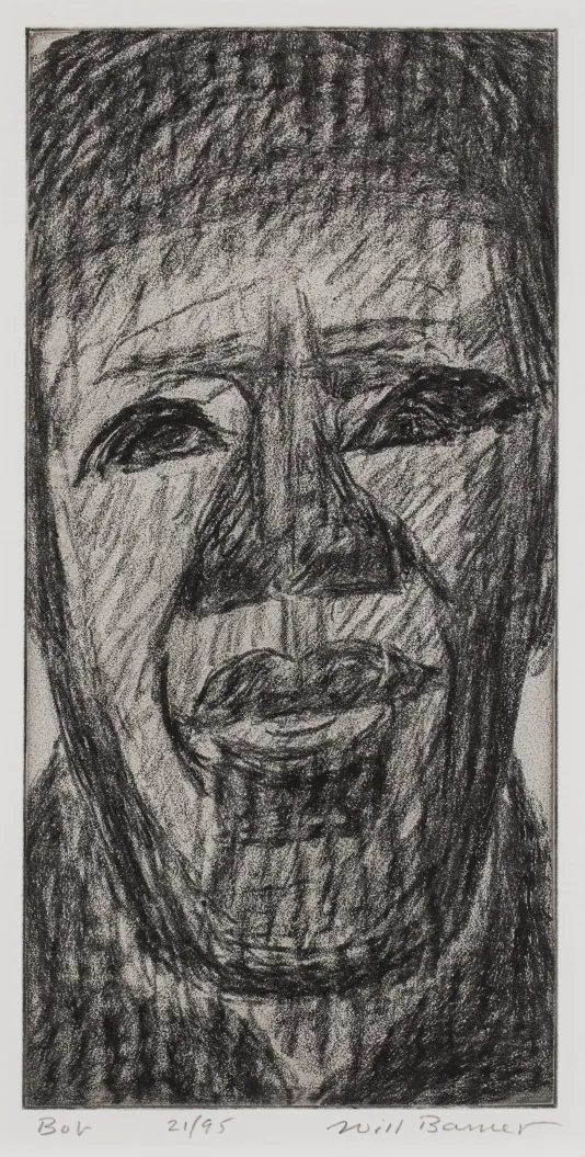 Rough pencil sketch of a close up of a man's face with heavy shading on the eyes and nose.