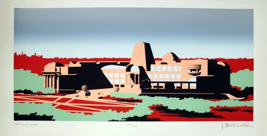 Red, green, pink, and blue print of a building with windows, columns, and domed features.