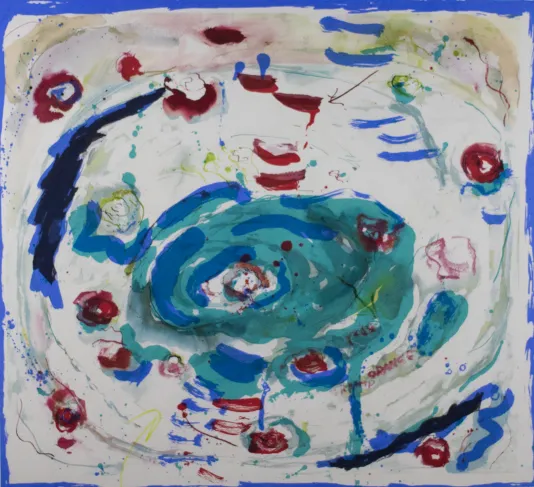 Abstract print of blue, red, teal, and navy blobs of ink outlined by blue around the edges.