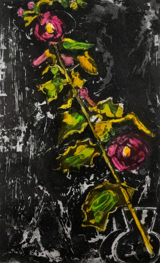 Tall painting of a long flower stem with leaves, pink flowers and a black background in a small outlined vase in the lower right corner.
