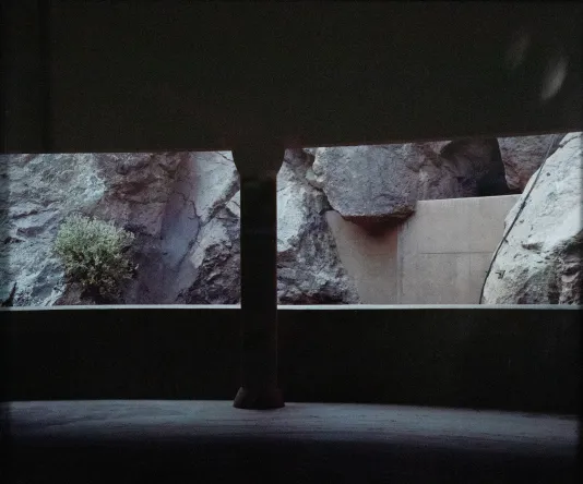 Photograph from a parking lot looking out to a wall of rocks with one small bush on the left.
