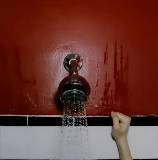 Photograph of a showered on a red wall with black and white tile beneath and a small hand reaching up towards the head.