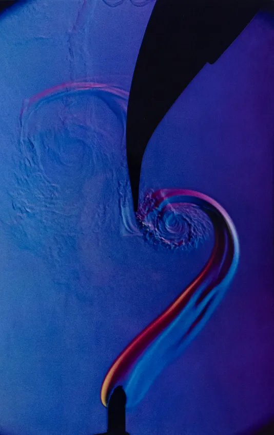 Blue background with a red, orange, and blue flame coming up from the bottom creating a swirl.