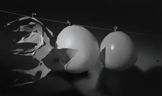 Three balloons tied to a string. A bullet shot through the first two and just entered the third.