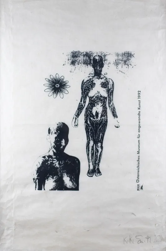 Photograph of a diagram of a person standing with their hands out flat and another figure below them from the shoulders up.