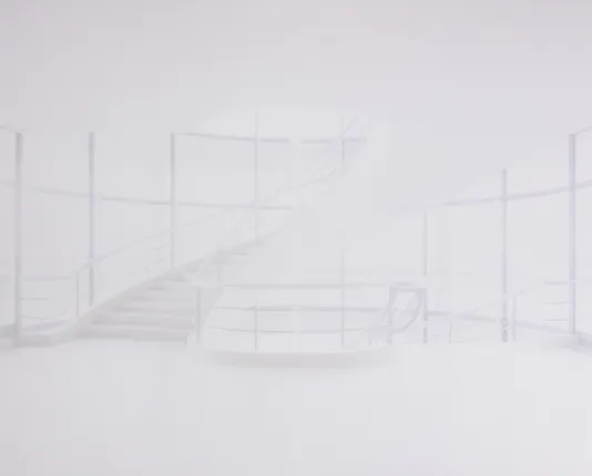 Light pencil sketch of a floor in between a large winding staircase  and a back wall with long rectangular panels.