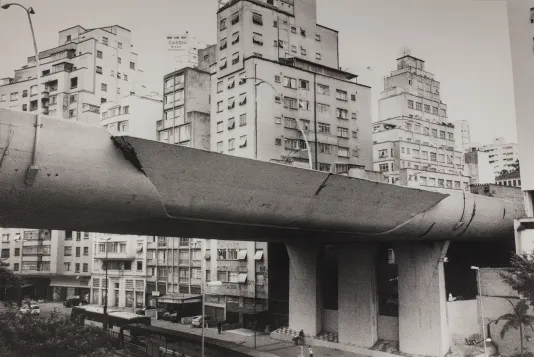 Black and white photograph of a bridge and buildings in the background.