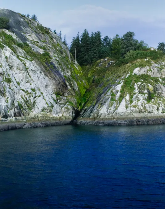Photograph of two small hills with bright green moss behind a body of water.