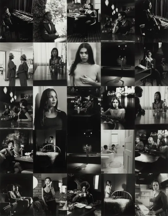 Black and white photo collage of 25 photographs featuring young women in different situations such as on the phone and at a kitchen table.