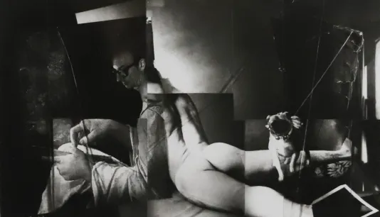 Photo collage of a nude person lying on their stomach with enlarged hands and a pug sitting on their right calf.